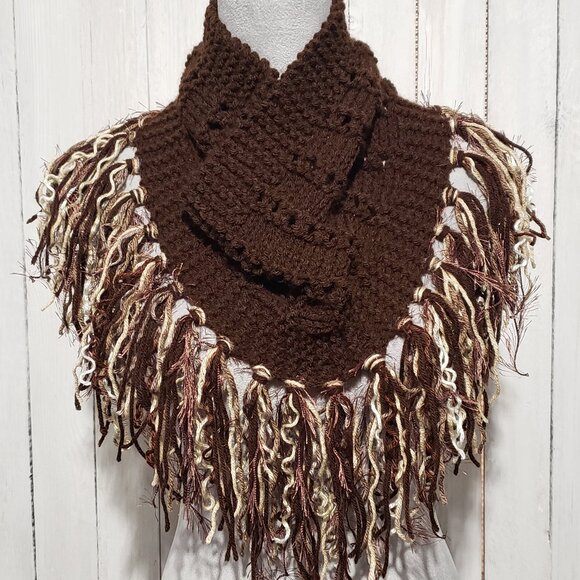 NEW Hand Knitted Brown Infinity Boho Cowl Scarf Fringe Artsy Indie Cottage - Picture 1 of 6